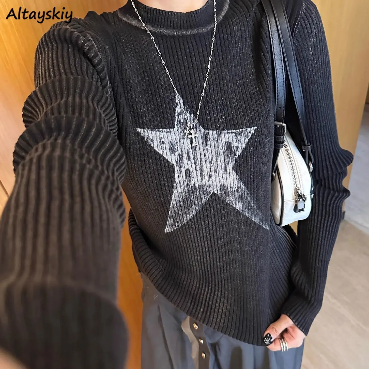 Black Women Pullovers Vintage American Star-print Irregular Retro Vibe Knit Leisure Streetwear Harajuku Sweaters Y2k Students BF