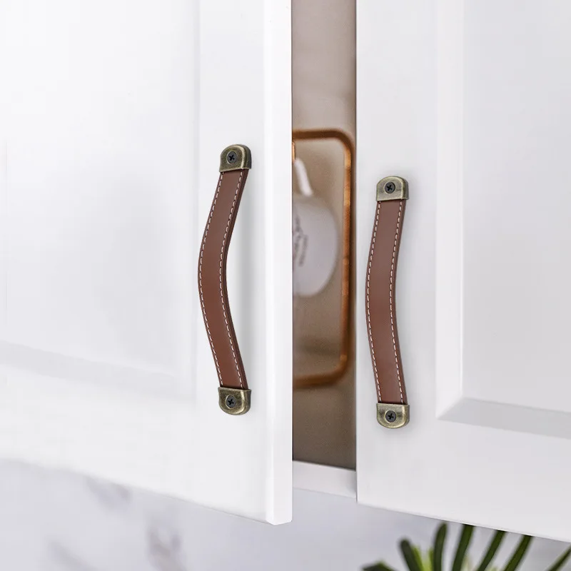 Cowhide Leather Door Handles for Wooden Box Furniture Cabinet Drawer Pulls Gift Case Handle Small Wardrobe Knobs