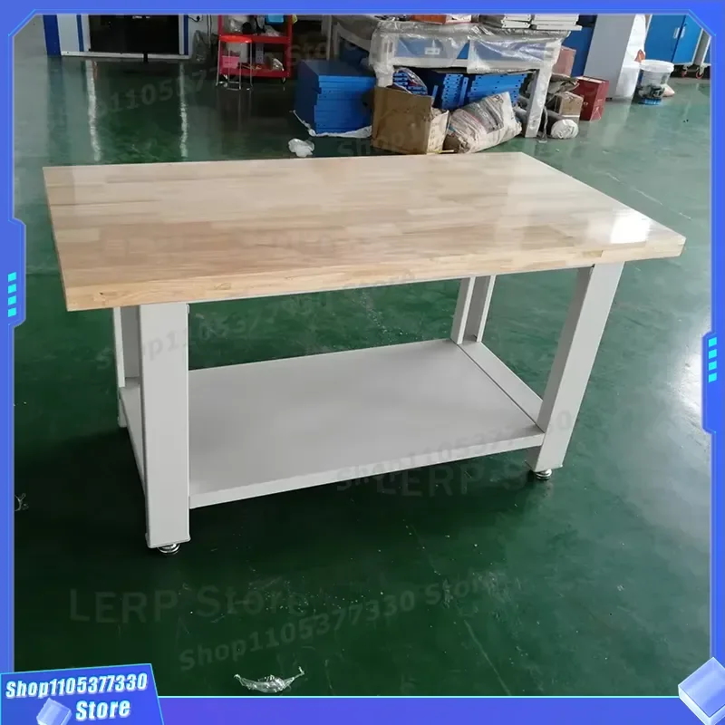Heavy Duty Industrial Workbench Solid Wood Top Mobile Steel Frame Assembly Table With Lower Shelf For Workshop Garage Floor