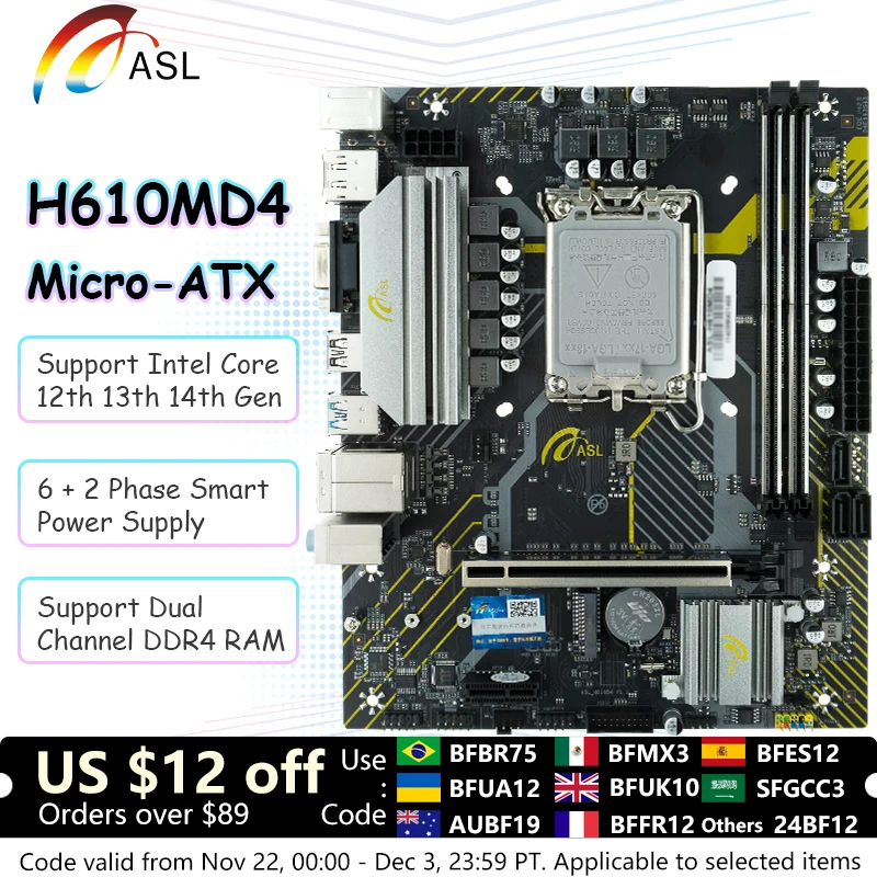 ASL H610M M-ATX Support LGA 1700 Intel Core 14th 13th 12th Gen Processor Motherboard DDR4 M.2 Slot PCI-E 3.0 USB 3.2 GbE LAN