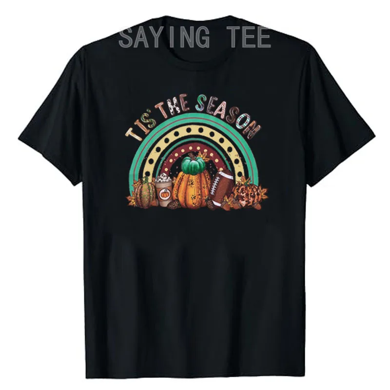 Fall Pumpkin Shirts Women Tis The Season Football T-Shirt Autumn Coffee Lover Life Tee Rainbow Halloween Short Sleeve Tops Gifts