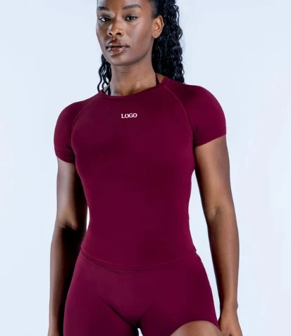 LOGO High‑Quality High Elastic Sweat Absorbing Slimming Waist Yoga Short Sleeve Shirt Women's Round Neck Seamless Workout Top