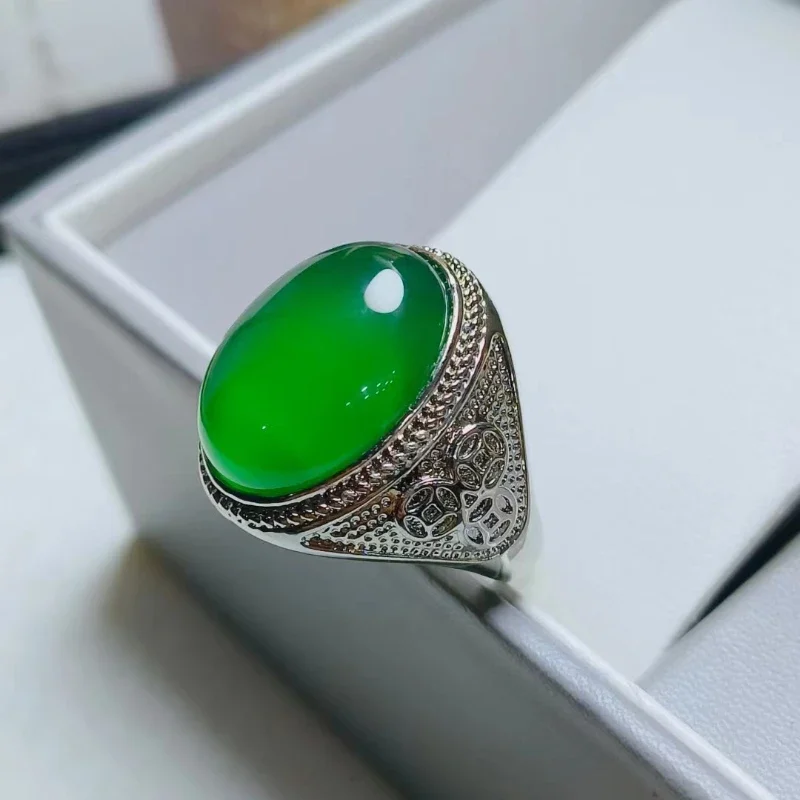 Ice King Green Chalcedony Inlaid Large Egg Noodle Men's Ring Explosive Jade Gift Emerald Jade Ring