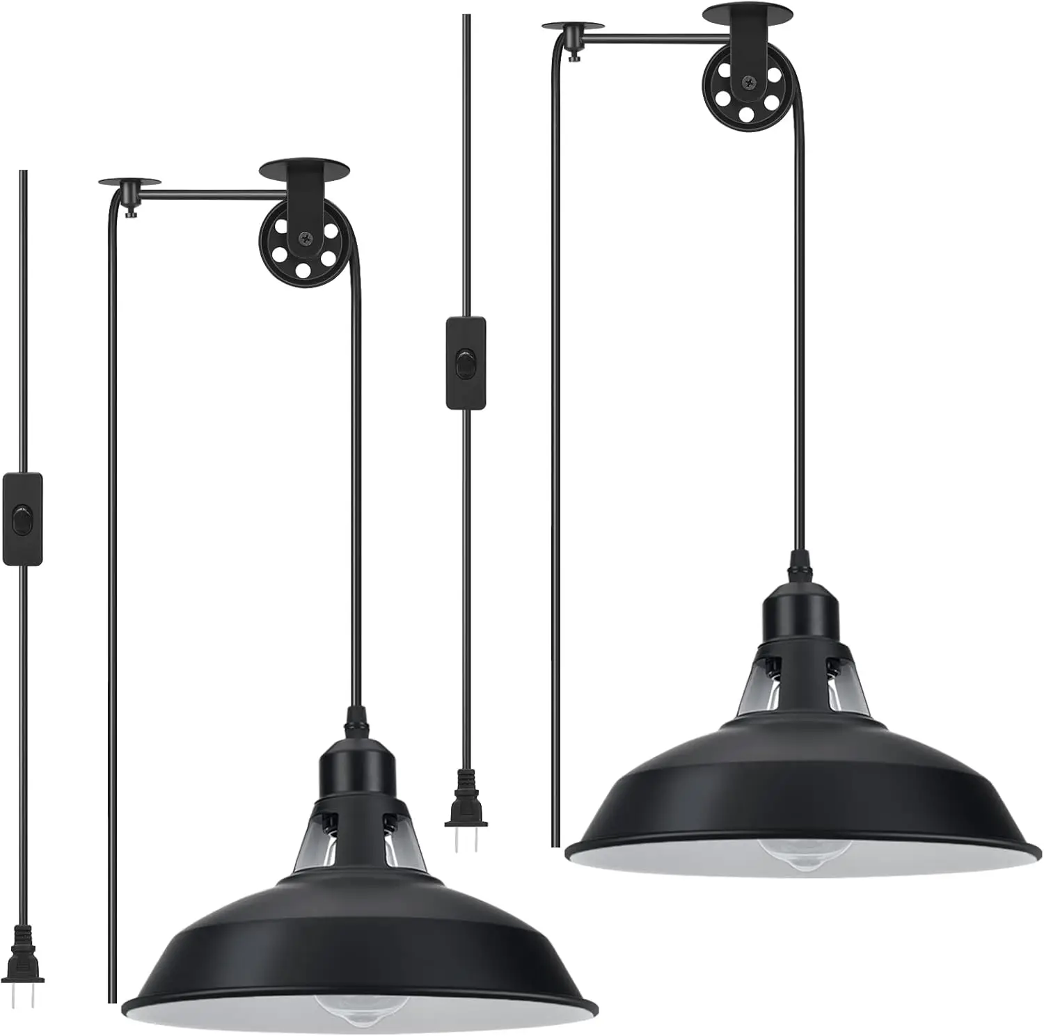 

Plug in Pendant Light 2 Pack, Black Barn Hanging Lamp with 14.76ft Cord & On/Off Switch, Adjustable Pulley for Kitchen Dining Room