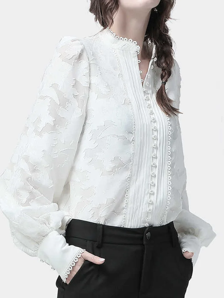 VGH Elegant Minimalsit Shirts For Women Stand Collar Lantern Sleeve Patcwhork Lace Solid Temperament Blouses Female Fashion New