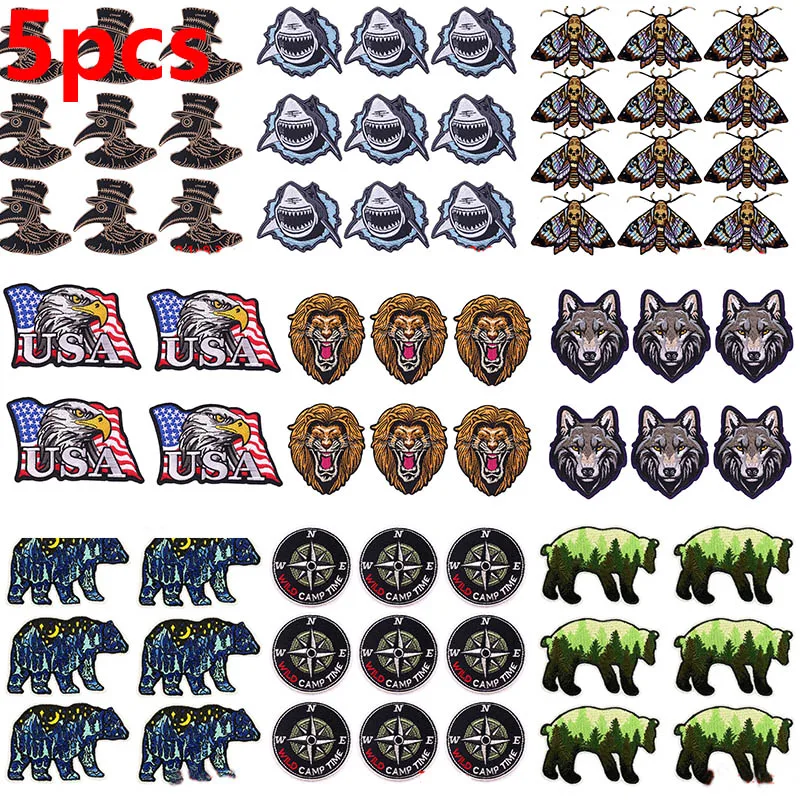 5PCS Wholesale Thermoadhesive Iron On Patches Wolf Lion Bear Eagle Embroidered Patches For Clothes Applique Badge Animals Patch