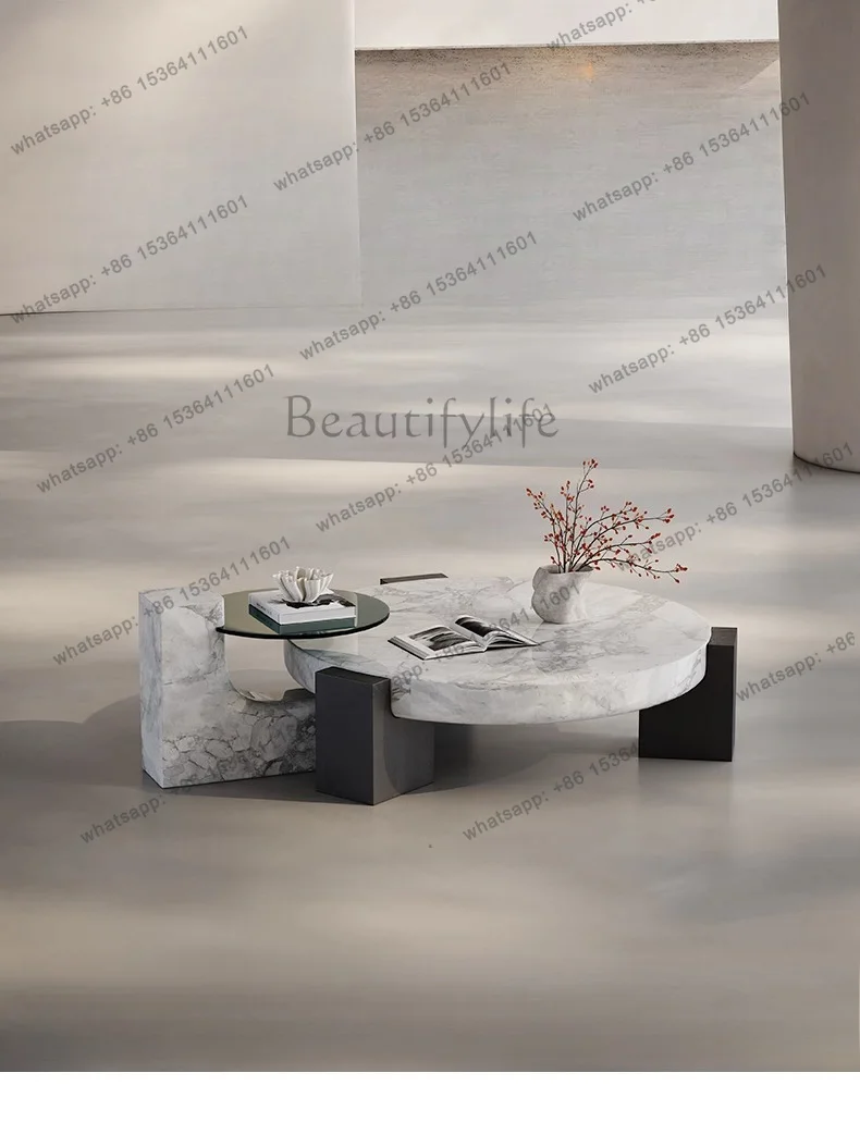 PG Italian minimalist coffee table high-end marble coffee table solid wood round coffee table high and low combination