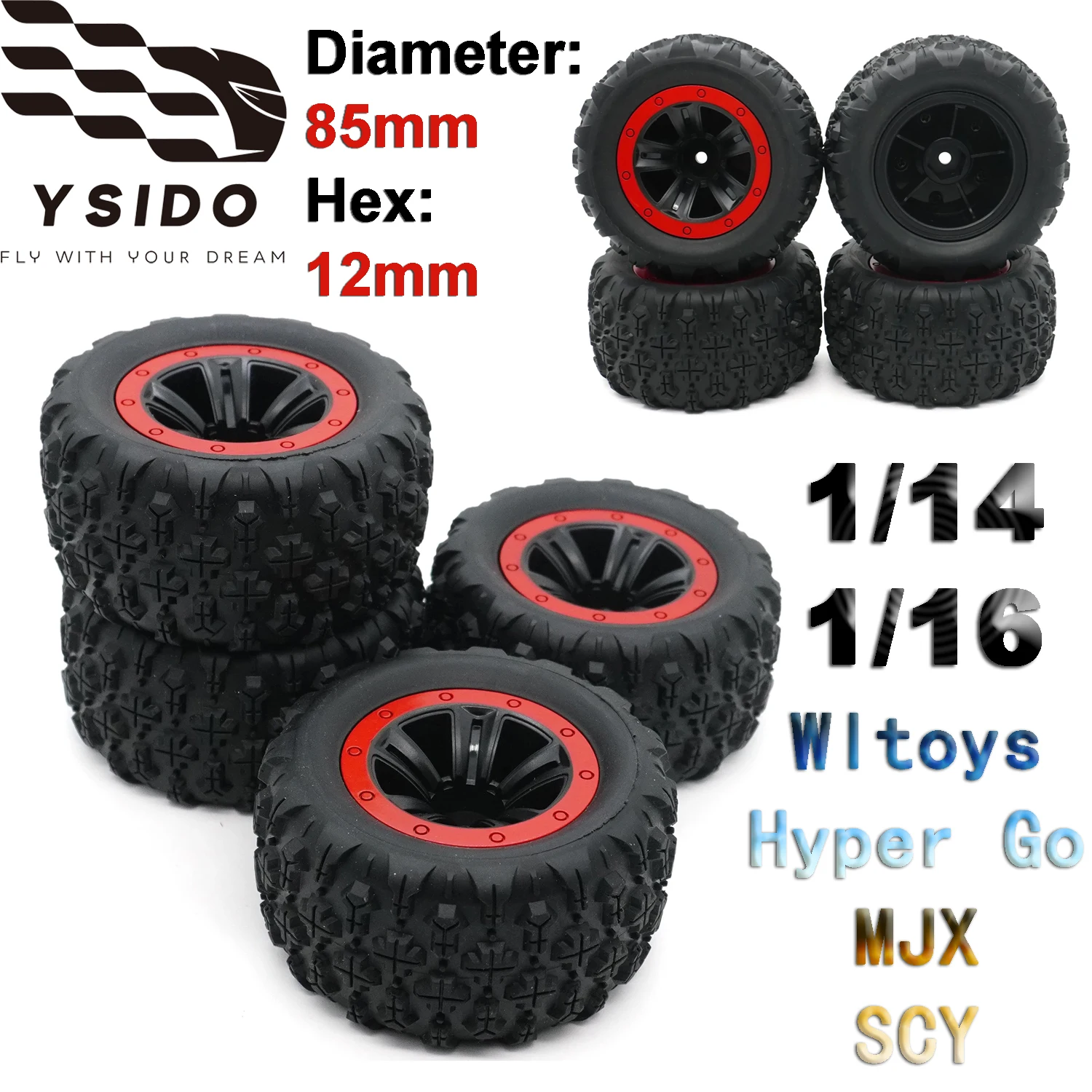 4PCS 85mm Skidproof Rubber Tire Wheels 12mm HEX for 1/14 1/16 WLTOYS 144001 MJX Hyper Go SCY RC Monster Truck Tyre Upgrade Parts