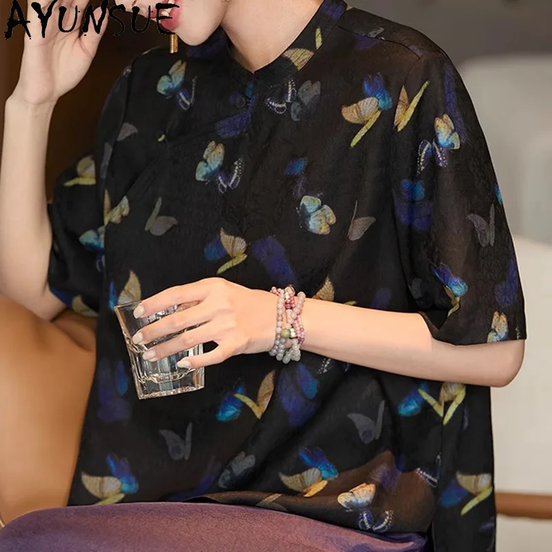AYUNSUE Xiangyunsha Silk Women's T-shirts New Chinese Style Short Sleeve Tops for Woman Summer Woman Clothing 2026 Топ Женский