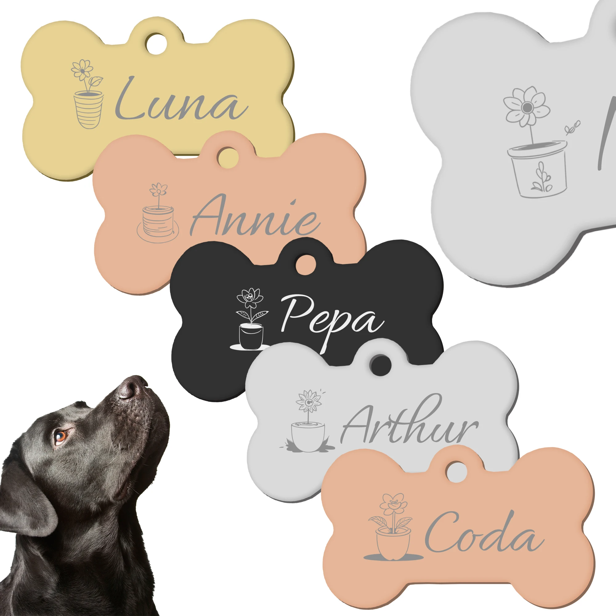 Bone-Shaped Stainless Steel Pet ID Tag - Custom Engraved Name & Phone, Floral & Paw Print Designs, Durable Dog/Cat Tag
