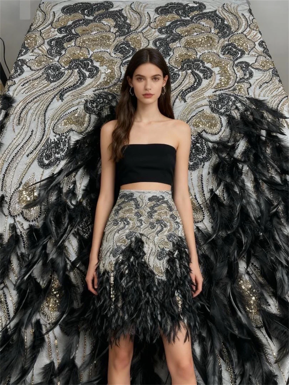 

Black 3D Feather Latest Luxury Bridal Wedding Wedding Dress Fabric 2025 High Quality France Nigeria Beaded Sequin Lace Fabrics