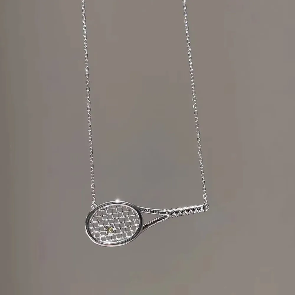 Silver Tennis Racket Pendant Necklace with Cubic Zirconia