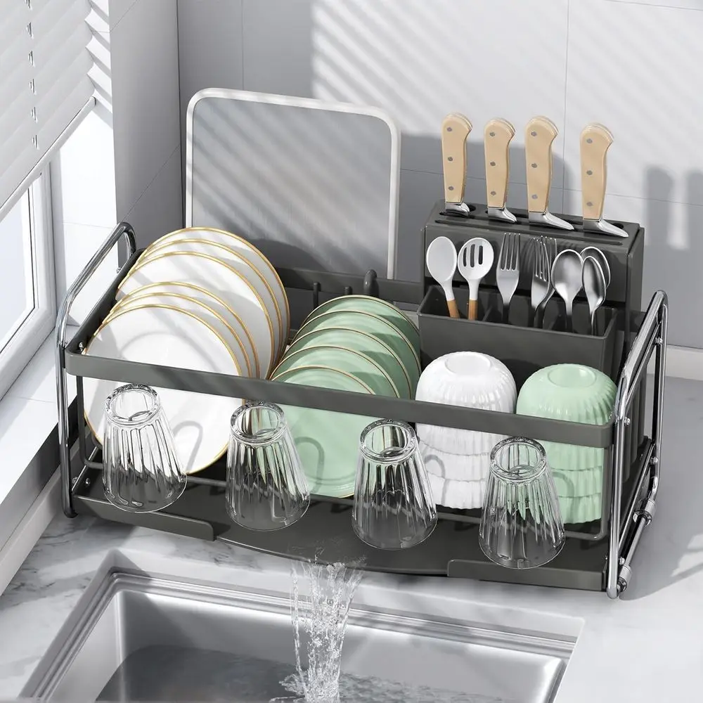 

Compact Small Dish Drying Rack or Kitchen Counter - Narrow Metal Dish Drainer with Utensil Holder, Space-Saving Plate Organizer