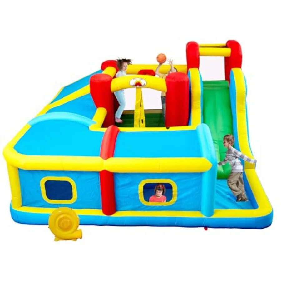 

Inflatable Bounce House with Slide Jumping Castle with Blower and Wave Pool Basketball Rim Long Tunnel