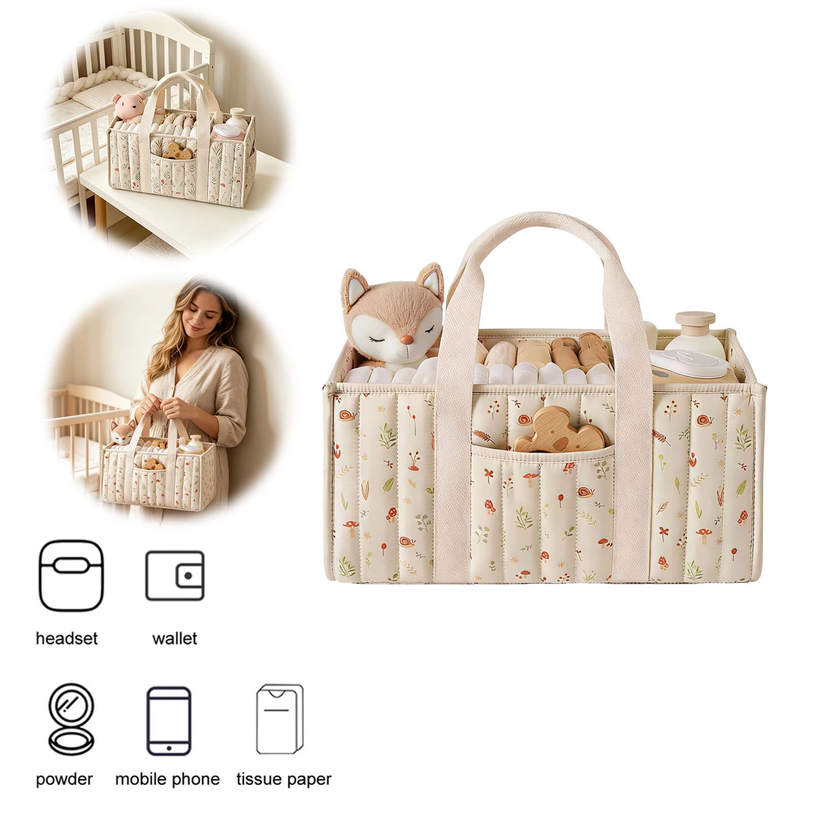 Baby Woodland Diaper Caddy Organizer Large Capacity Stylish Nursery Storage Basket Multi-Pocket Diapers Storage Bag for Newborn