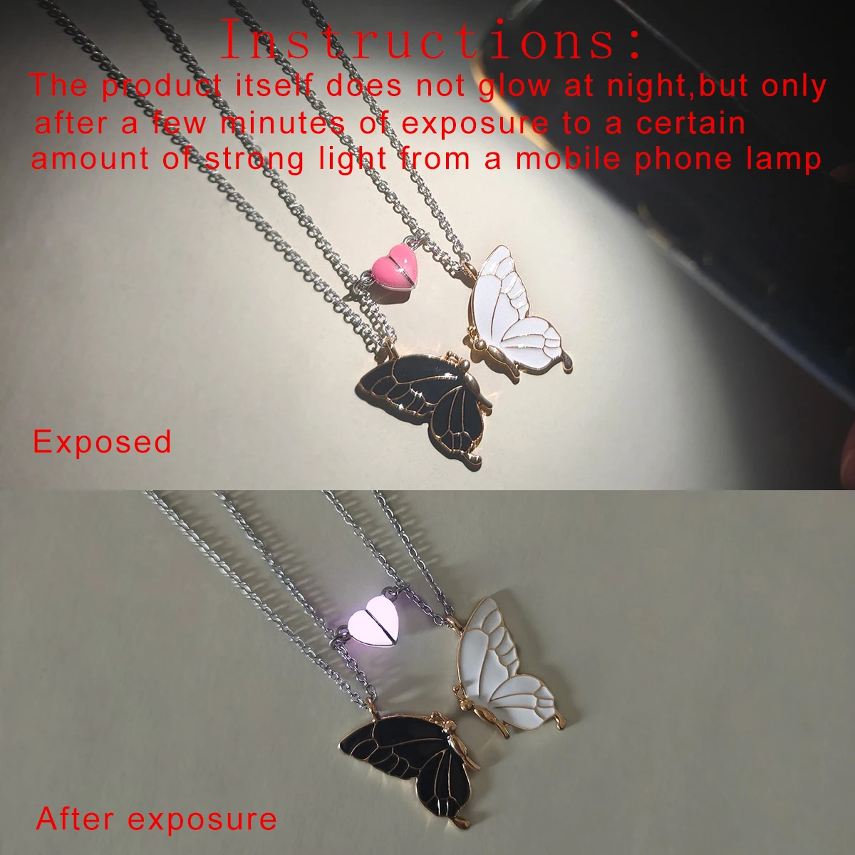 قطعتان/مجموعة قلادة شقيقة الفراشة المضيئة باللونين الأبيض والأسود على شكل قلب وإكسسوارات الرياح المغناطيسية اللطيفة