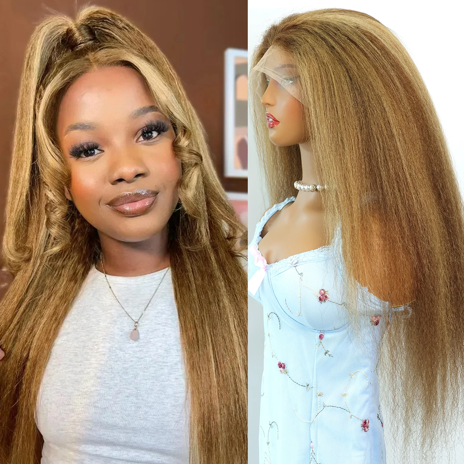 Kinky Straight 4/27 Highlight 13x6 Lace Frontal Human Hair Wigs Ombre Blonde Piano Color 13x4 Lace Front Yaki Straight Wig 200%