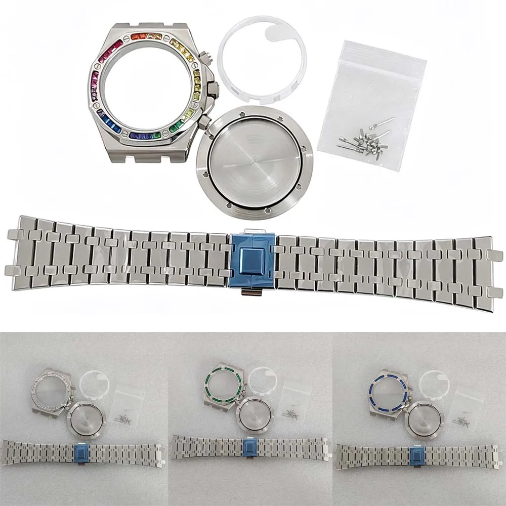 41mm-silver-watch-case-with-strap-for-vk63-quartz-movement-stainless-steel-case-transparent-back-cover-shell-watchband-set