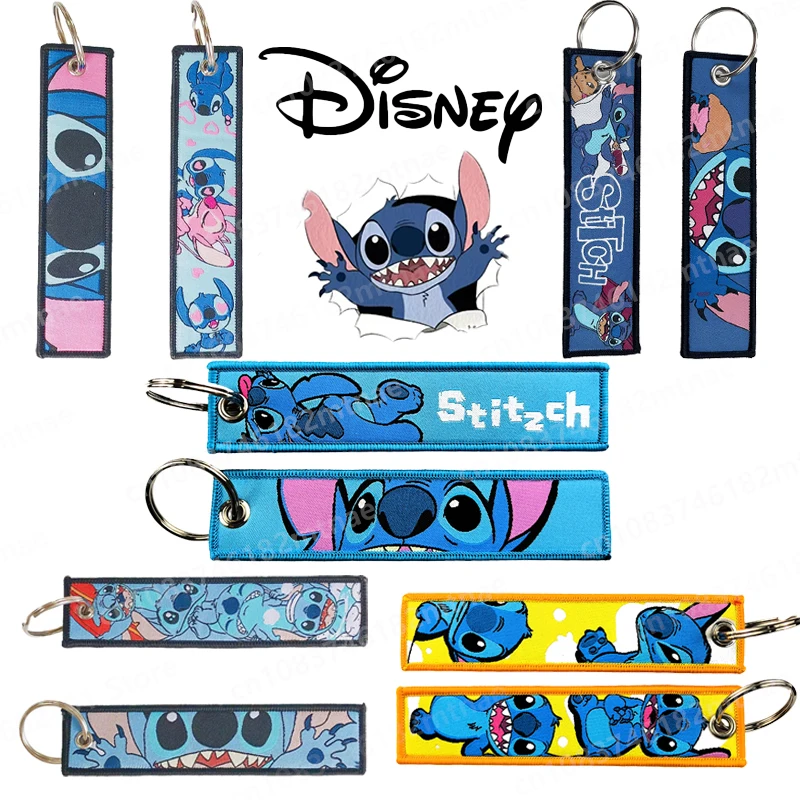 Disney Cartoon Stitch Lanyard Woven Label Key Chain Pendant Woven Fabric Art Embroidery Key Ring Fashion Accessories Gifts