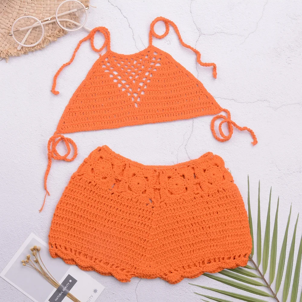 Instagram Style Children's Split Body Swimsuit Handmade Crochet Belly Pocket Straps Swimming Bikini Children's Beach Set