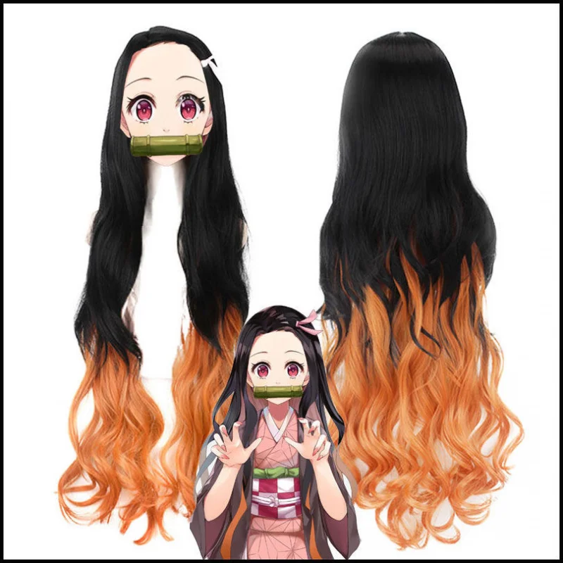 

Kimetsu No Yaiba Stove Door NezukocosWig Gradient Brown-Blonde Длинные вьющиеся волосы Аниме Парик Harajuku