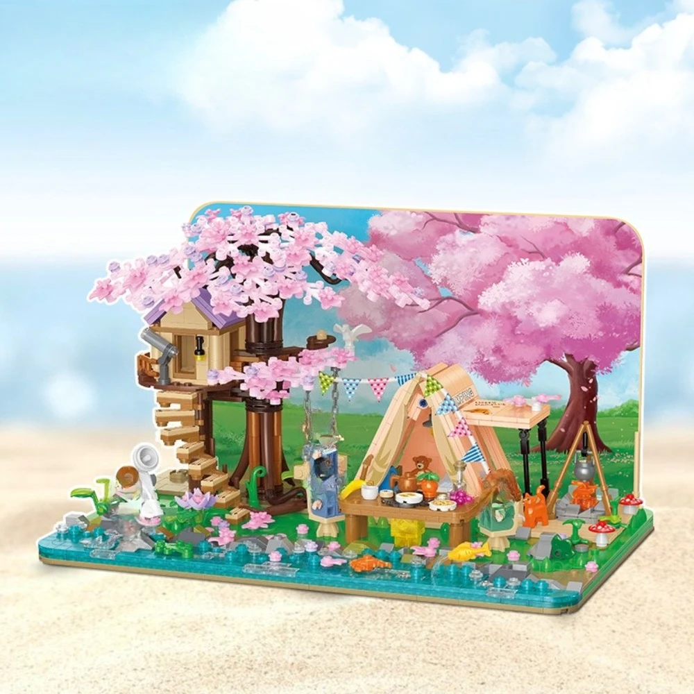 MOC التخييم شاطئ البحر عطلة اللبنات مجموعة شاطئ البرية فيلا شجرة البيت مع ضوء لتقوم بها بنفسك لعب للأطفال هدية عيد #4