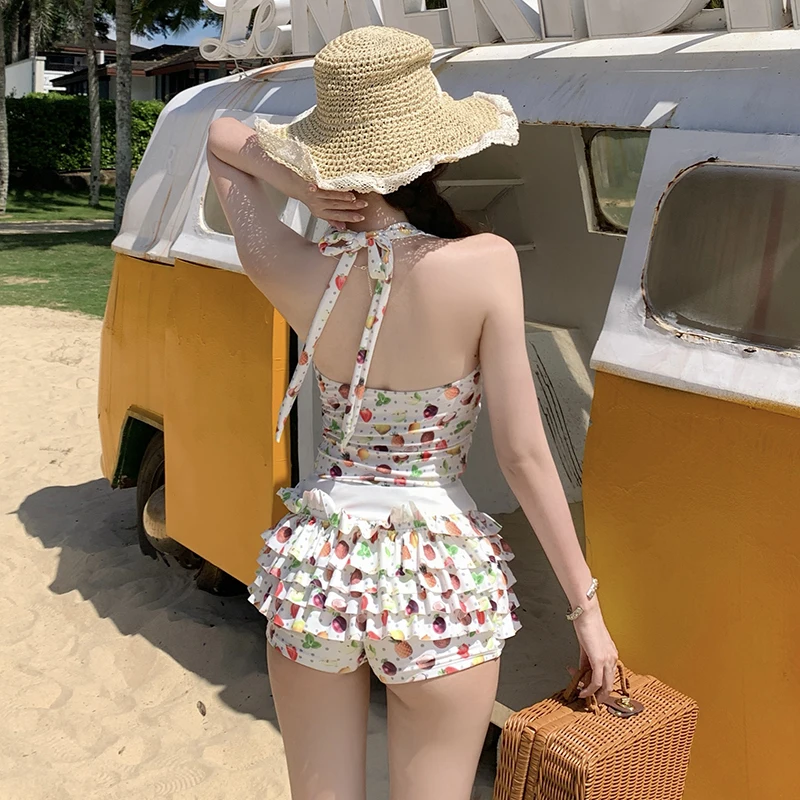 

Sweet Girl's New Swimsuit Fruit Print Bikini ort Pants Strap Ne Hanging Thermal Spring Bathing Women's Swimsuit with Ches...