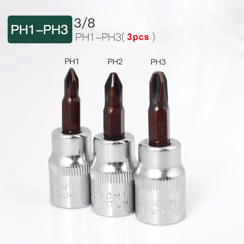 3pcs Phillips Pozi Screwdriver Bits 3/8 Inch Square Drive Socket Home Auto Repair Hand Tools PH1 PH2 PH3 PZ1 PZ2 PZ3 48mm Length