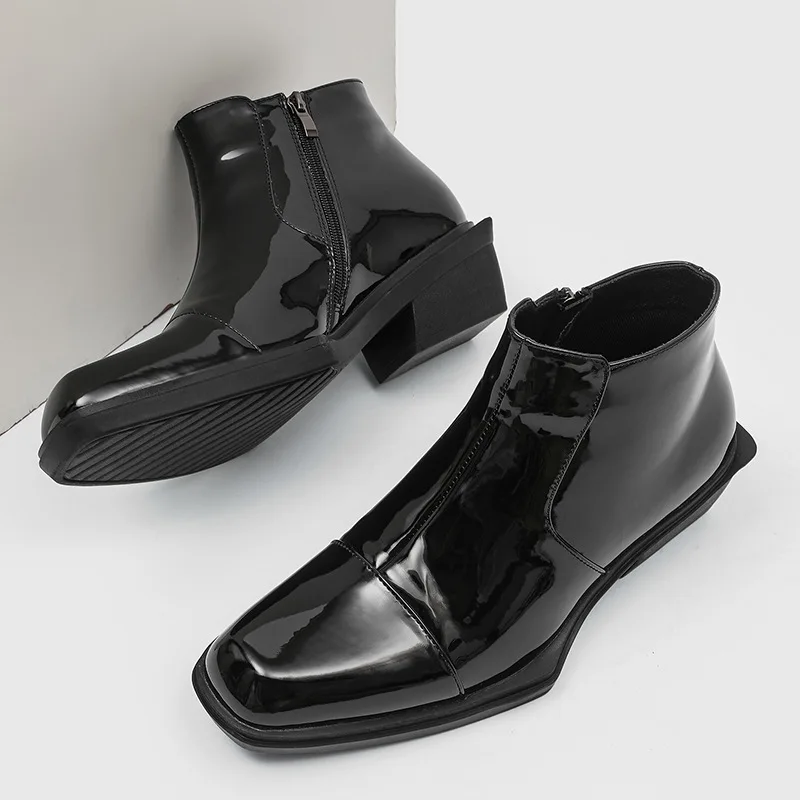 men fashion stage nightclub chelsea boots slip-on square toe shoes cowboy patent leather boot British designer ankle botas mans