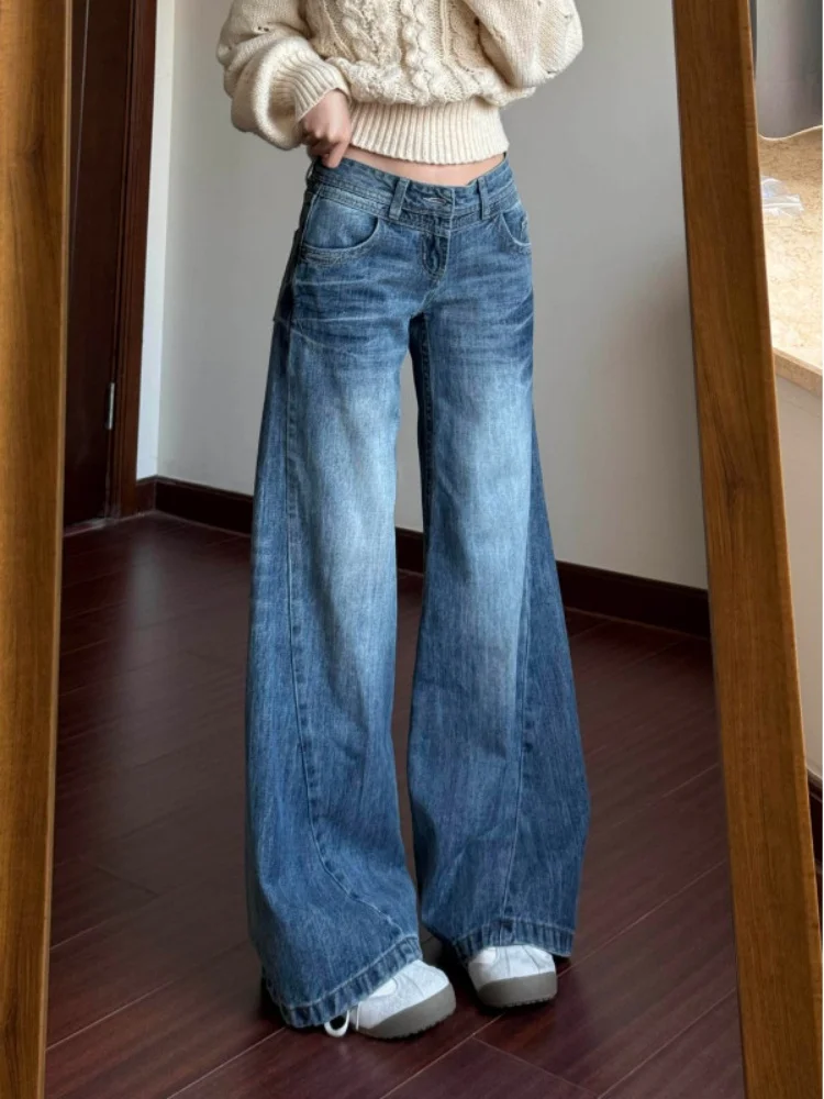 

Американские ретро-джинсы с низкой посадкой, расклешенные, женские, свободные, широкие брюки для фигуры типа «груша», повседневные, весенние, с высокой талией, с карманами