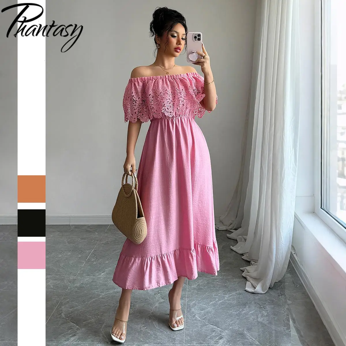 Moda coreana elegante tinta unita increspato spalle scoperte abito da festa abiti con cintura stile Boho Robe Femme Vestidos