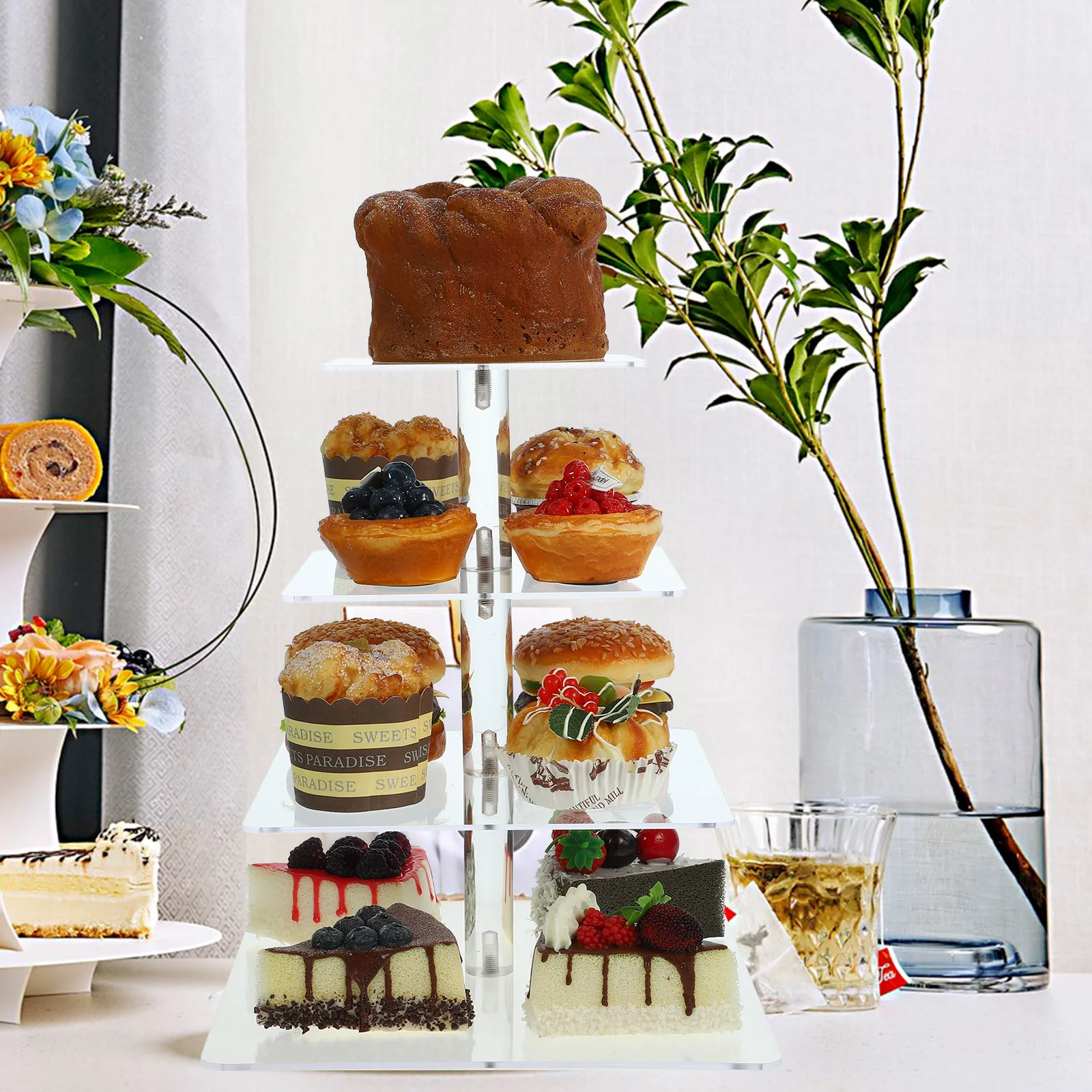 

4 Tier Acrylic Cupcake Stand Clear Cake Display Holder Dessert Serving Tray Party Wedding Household Decorative Tabletop Dessert