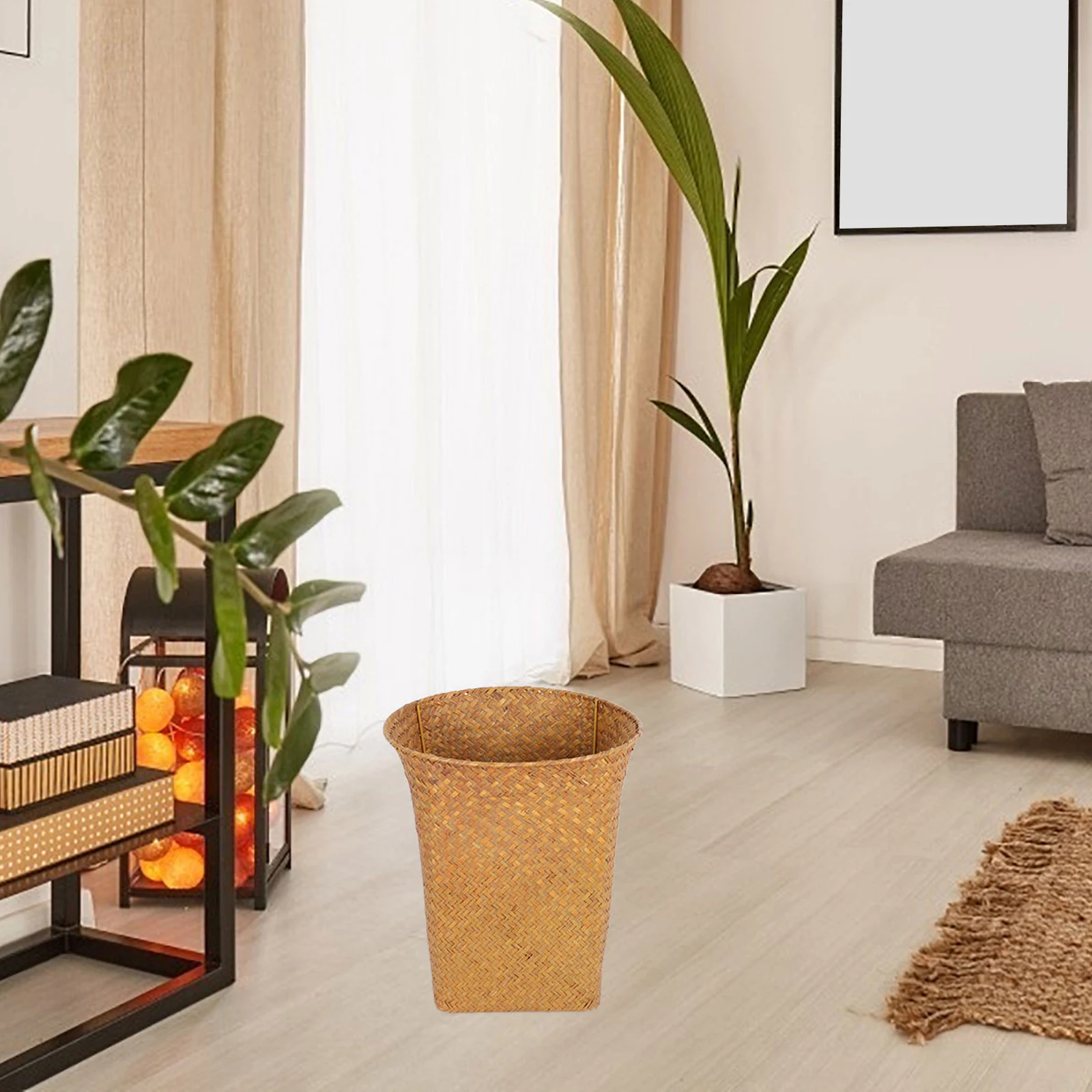

Stylish Seagrass Storage Basket Rattan Wastebasket Garbage Container for Home Office Bedroom Kids Room Multi Purpose Waste Paper