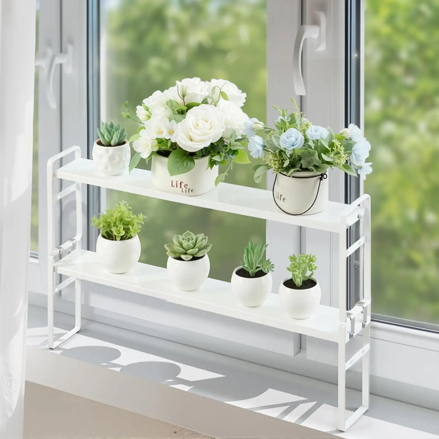 

Расширяемая полка для растений на подоконнике, 2 шт., регулируемая металлическая полка для раковины, белая, 13,7 x 3,5 x 7,28 дюйма