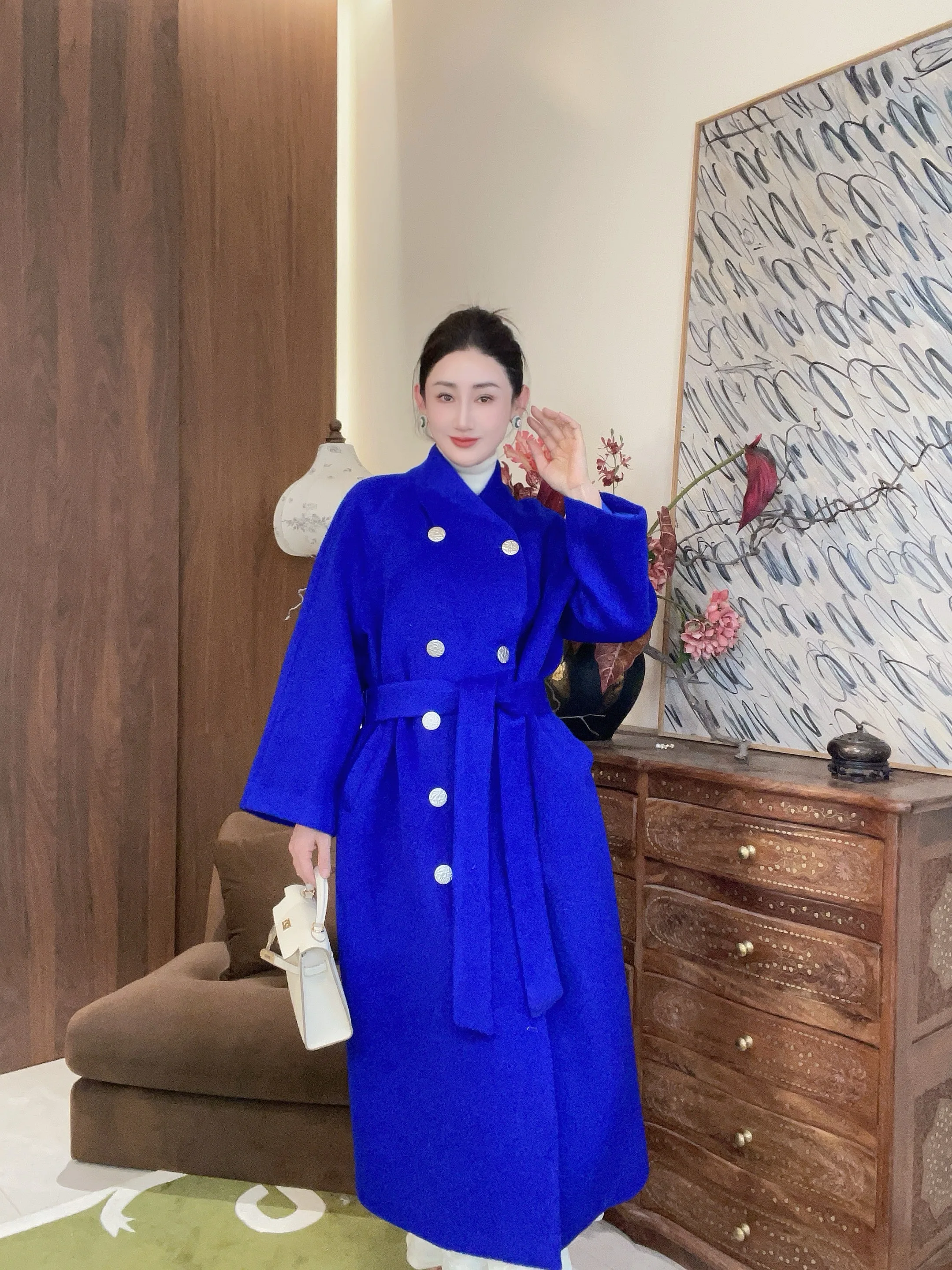 

New Autumn Winter Long Double-Breasted Wool Camel Hair Coat Ele Versatile Slimming Outerwear in Prussian Blue for Women