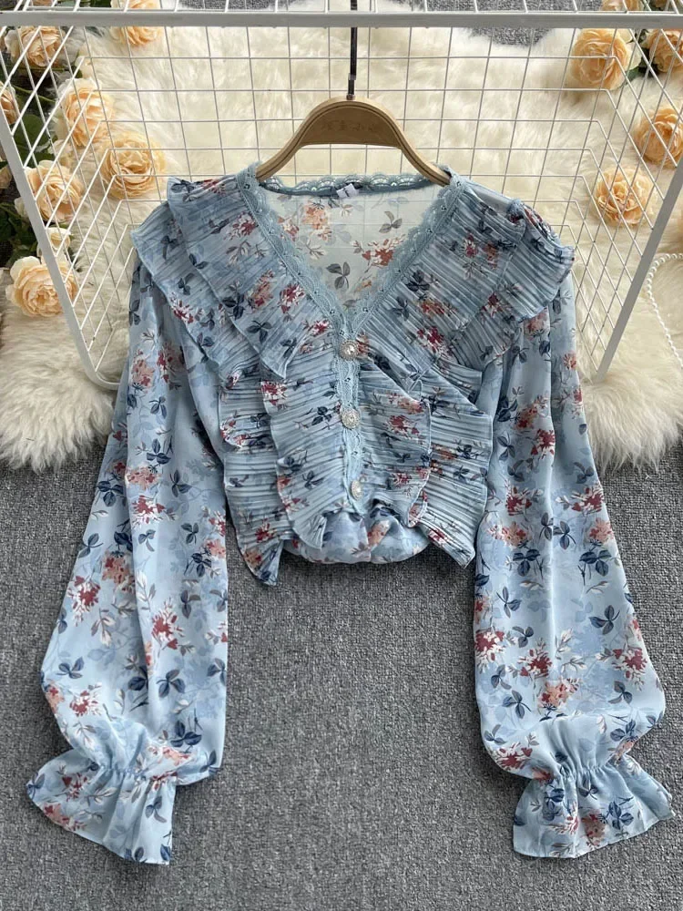 Women French Retro Lace V-neck Floral Temperament Korean Version Loose All-match Pleated Ruffle Blouse Tops Female D0753