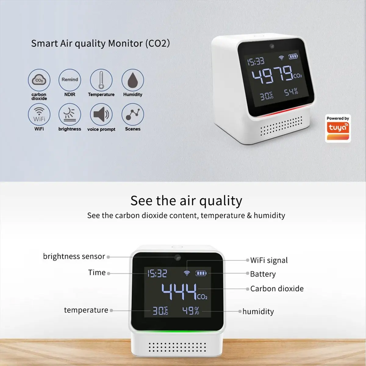 FSLH Tuya Air Quality Monitor Portable Smart Air Quality Tester for CO2 Temperature Humidity Multi-Function Detector