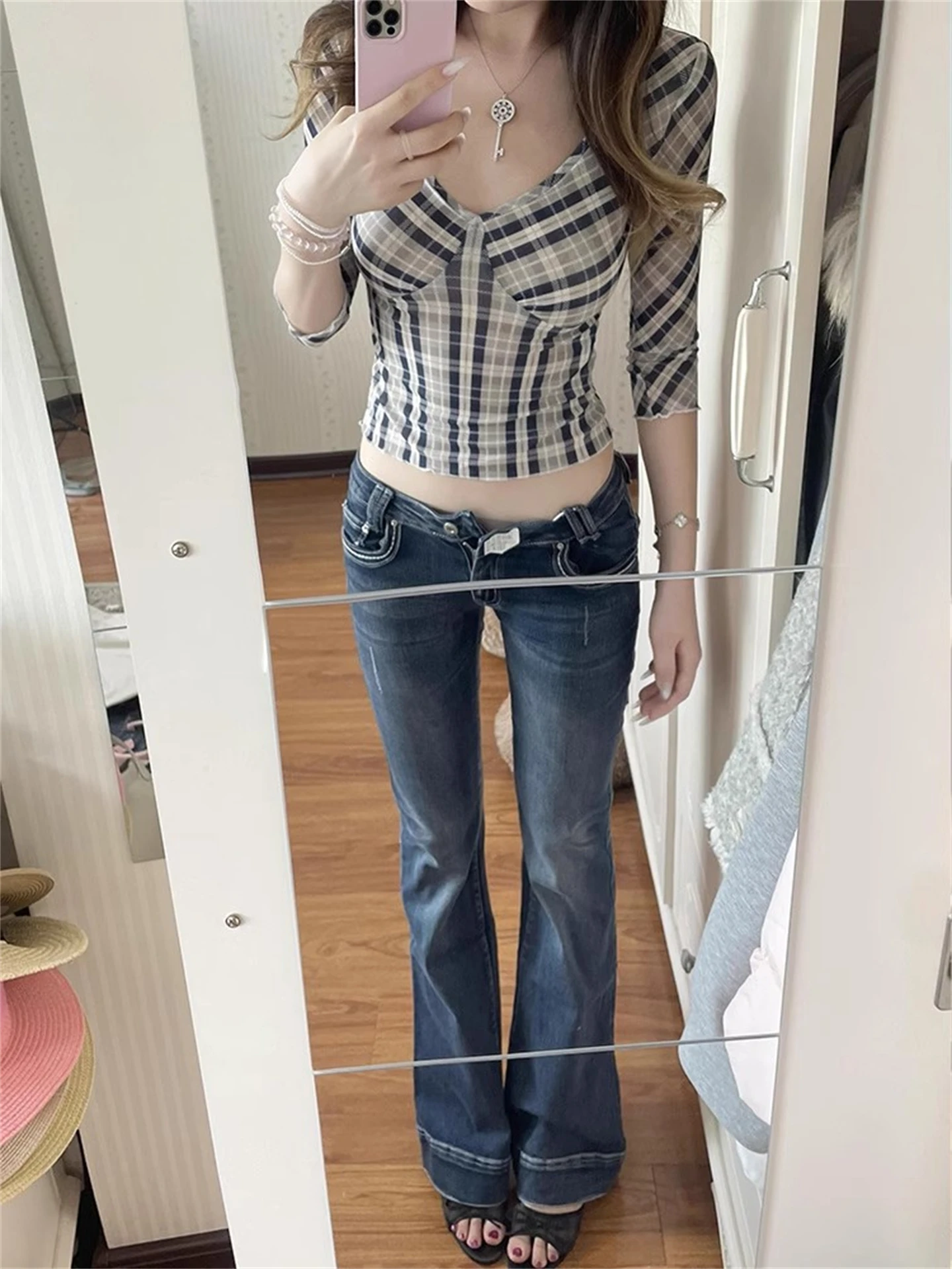 T-shirt americana retrò V-Ne ort Sve da donna inizio autunno puro desiderio piccante slim fit oulder appropriato irt