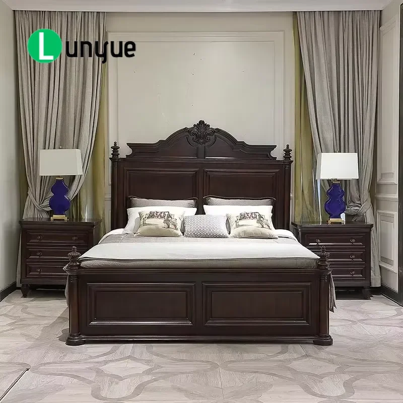 American Luxury Solid Wood Medieval Style King Size Bed 1.8m Double Eco-Friendly Rustic Master Bedroom Furniture