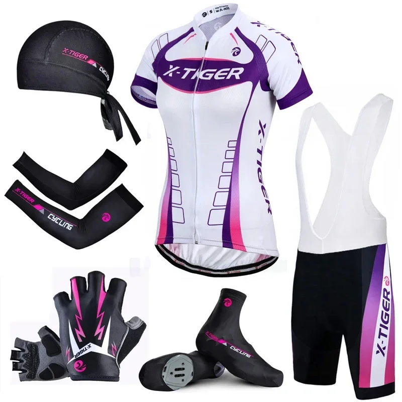 X-Tiger Cycling Jersey Set Women Summer Quick-Dry Racing Breathable Mountain Full Zipper Bike Clothes With Gloves Shoe Covers