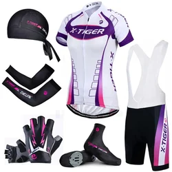 X-Tiger Cycling Jersey Set Women Summer Quick-Dry Racing Breathable Mountain Full Zipper Bike Clothes With Gloves Shoe Covers