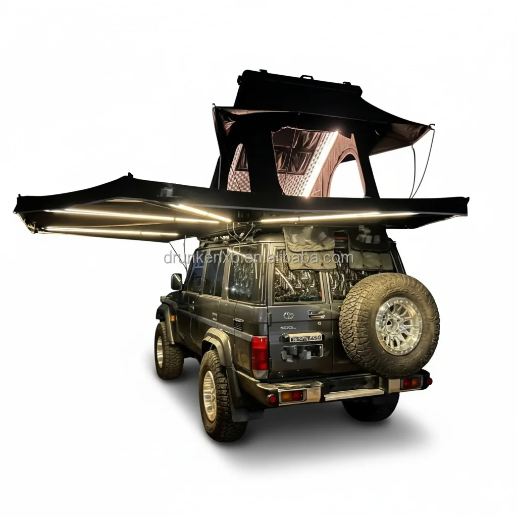 270 Degree Awning, 2.2m Diameter 320G Canvas Rainproof Awning with LED Lights, Free Standing Car Camping Tent, 4 Season