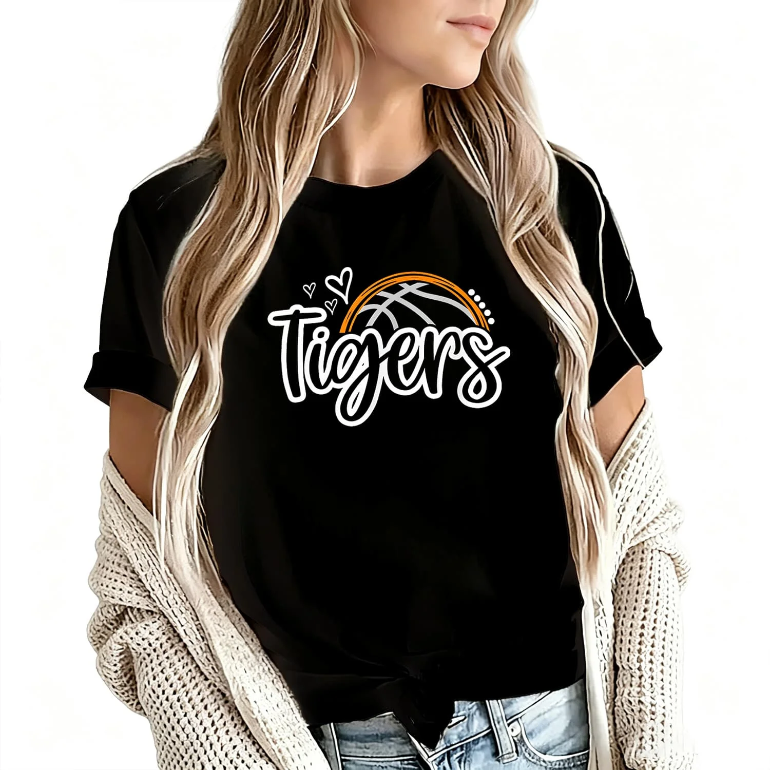 Sketball Tigers School Sports Fan Team Spirit Women's T-Shirt 100% Cotton Funny Graphic Short Sleeve Tee Novelty Shirt Casual Crew Neck Top S-5Xl