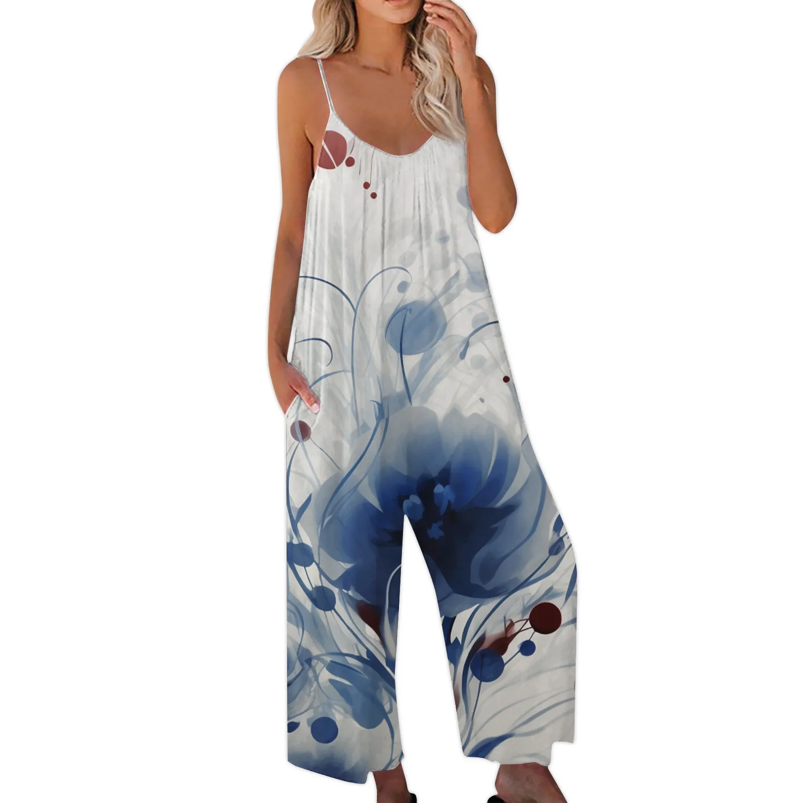 Macacão feminino sem mangas estampado floral, macacão longo feminino, alça de espaguete, macacão de praia verão, moda natalícia