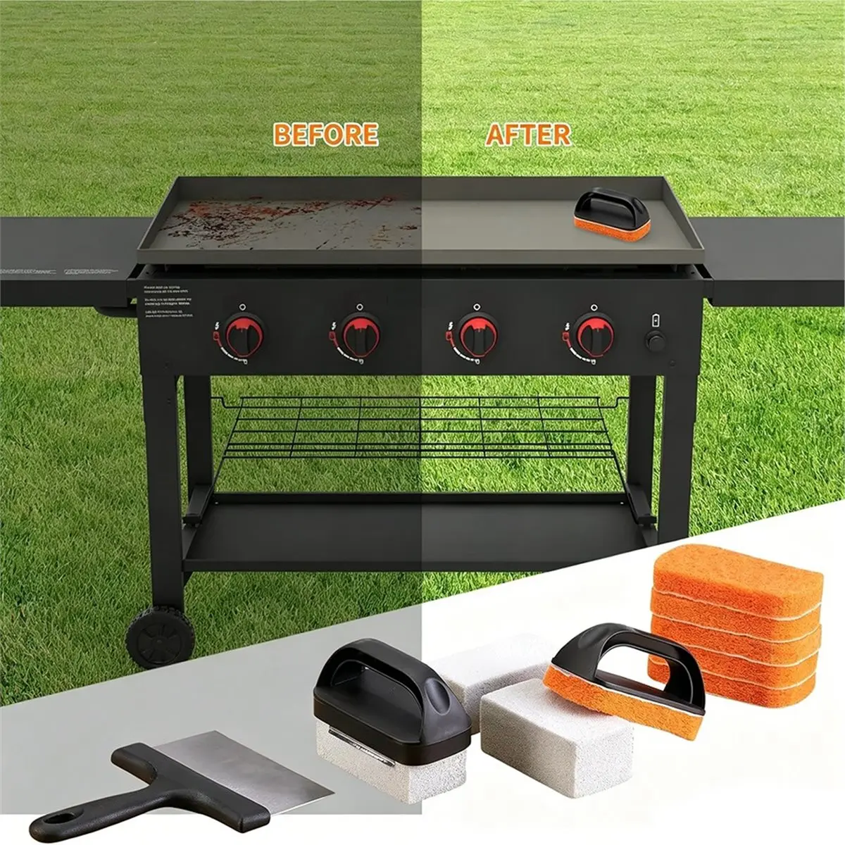 Griddle Cleaning Kit Heavy Duty Flat Top Grill Brush Set with Stone Complete BBQ Accessories for Outdoor Camping