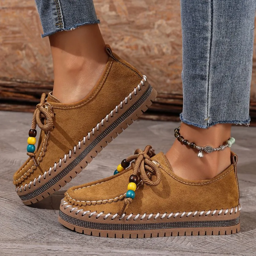 

Кроссовки на плоской подошве, новинка 2023 года, женские кроссовки в стиле ретро для отдыха, весенне-осенние женские кроссовки с круглым носком на шнуровке и бусинами для женщин