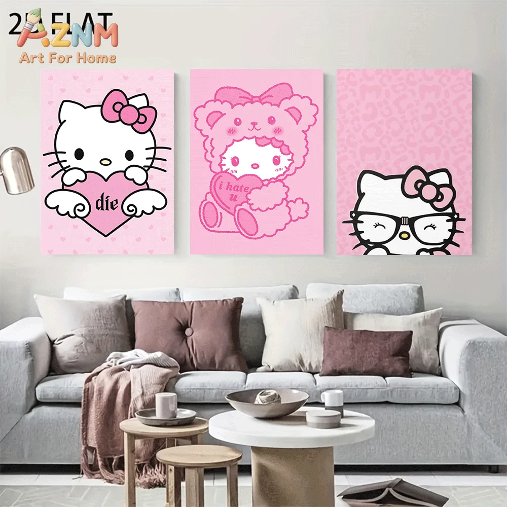 AZNM Sanrio Hello Kitty Canvas Wall Art Unframed Cute Cartoon Pink Leopard Print Heart Angel Theme Print Painting Girls Bedroom