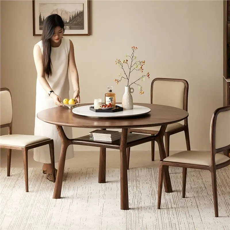 Black walnut round table, small apartment medium-ancient solid wood round dining table