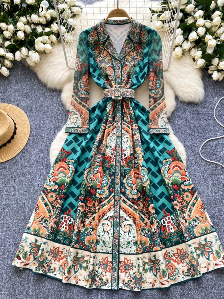 Autumn Maxi Dresses for Women Bohemian Chic Print Robe Femme Turn Down Collar Belt Temperament Dress 2024 Vestidos De Mujer WJ