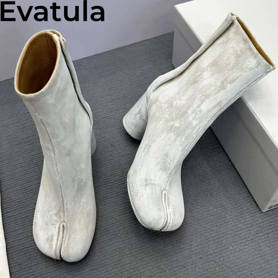 2024 Autumn Split Toe Round High Heels Short Boots For Women Patent Leather Ankle Boots Female Retro Fashion Chelsea Botas Mujer